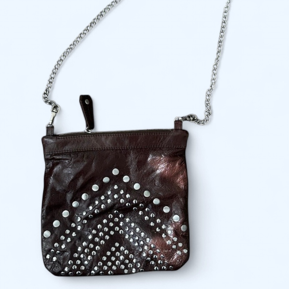 NWT Junior Drake Brown Studded Leather Crossbody Bag